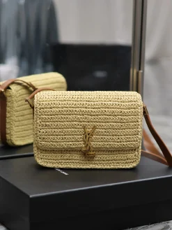 SAINT LAURENT Beach Bags Raffia Leather (Beige-Gold) 23X16X6CM E30202608082008