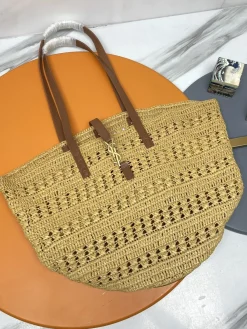 SAINT LAURENT Beach Bags Raffia Leather (Brown-Gold) 55X31X28CM E30202608082105