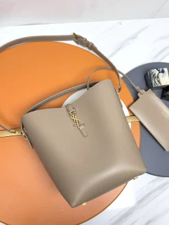 SAINT LAURENT Bucket Bags Calf Leather (Beige-Gold) 26X20X12CM E50202608082395