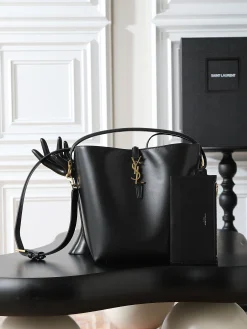 SAINT LAURENT Bucket Bags Calf Leather (Black-Gold) 26X20X12CM E50202608080850