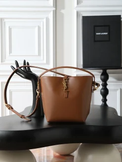 SAINT LAURENT Bucket Bags Calf Leather (Brown-Gold) 17X20X13CM E00202608080836