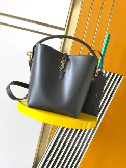 SAINT LAURENT Bucket Bags Calf Leather (Gray-Gold) 26X20X12CM G00202608080427