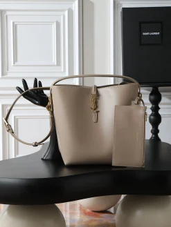 SAINT LAURENT Bucket Bags Calfskin Leather (Beige-Gold) 26X20X12CM E50202608080844