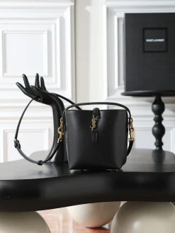 SAINT LAURENT Bucket Bags Calfskin Leather (Black-Gold) 15X13X6CM D50202608080848