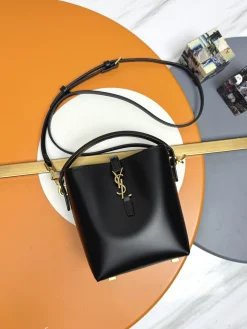 SAINT LAURENT Bucket Bags Calfskin Leather (Black-Gold) 15X13X6CM E00202608082385