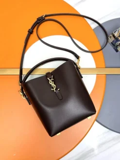 SAINT LAURENT Bucket Bags Calfskin Leather (Brown-Gold) 15X13X6CM E00202608082381