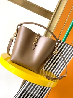 SAINT LAURENT Bucket Bags Calfskin Leather (Brown-Gold) 17X20X13CM F60202608080495