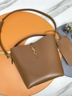 SAINT LAURENT Bucket Bags Calfskin Leather (Brown-Gold) 26X20X12 E50202608082397