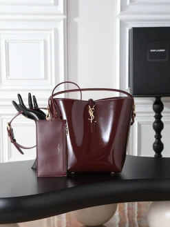 SAINT LAURENT Bucket Bags Calfskin Leather (Burgundy-Gold) 26X20X12CM E50202608080845