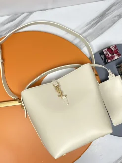 SAINT LAURENT Bucket Bags Calfskin Leather (Cream-Gold) 26X20X12CM F00202608082394