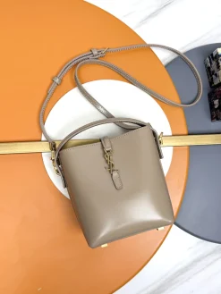 SAINT LAURENT Bucket Bags Calfskin Leather (Taupe-Gold) 15X13X6CM E00202608082379