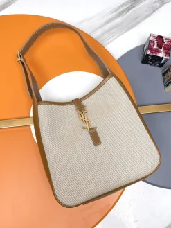 SAINT LAURENT Bucket Bags Canvas Leather (Beige-Brown) 23X22X8CM E30202608082347