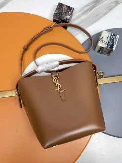 SAINT LAURENT Bucket Bags Italian Calfskin (Brown-Gold) 17X20X13CM E00202608082391