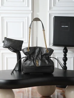 SAINT LAURENT Bucket Bags Lamb Leather (Black-Gold) 27X29X11CM E70202608080897
