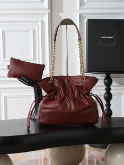 SAINT LAURENT Bucket Bags Lamb Leather (Burgundy-Gold) 27X29X11CM E70202608080899