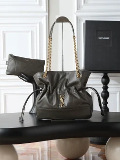 SAINT LAURENT Bucket Bags Lamb Leather (Gray-Gold) 27X29X11CM E70202608080895
