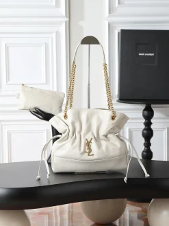 SAINT LAURENT Bucket Bags Lamb Leather (White-Gold) 27X29X11CM E70202608080893