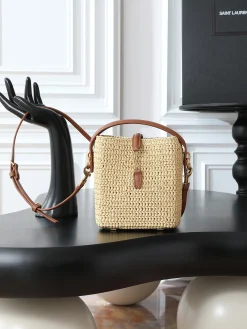 SAINT LAURENT Bucket Bags Raffia Leather (Beige-Brown) 15X13X6CM D90202608080831