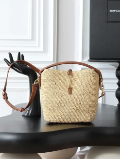 SAINT LAURENT Bucket Bags Raffia Leather (Beige-Brown) 17X20X13CM E20202608080832