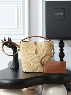 SAINT LAURENT Bucket Bags Raffia Leather (Beige-Brown) 20X25X16CM E90202608080833