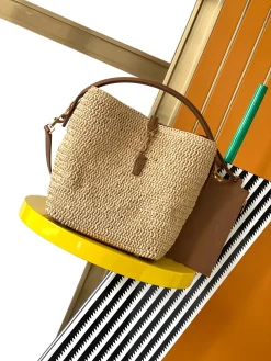SAINT LAURENT Bucket Bags Raffia Leather (Beige-Brown) 20X25X16CM G60202608080312