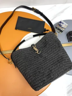 SAINT LAURENT Bucket Bags Raffia Leather (Black-Gold) 20X25X16CM F50202608082584