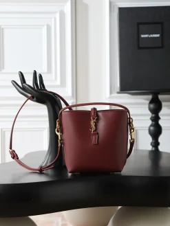SAINT LAURENT Bucket Bags Smooth Calfskin (Burgundy-Gold) 15X13X6CM D50202608080839