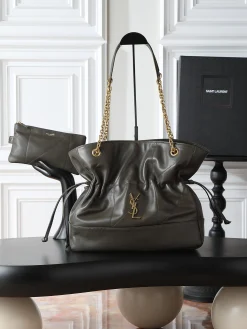 SAINT LAURENT Bucket Bags Soft Lambskin (Green-Gold) 35X35X10CM F10202608080894