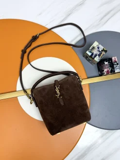 SAINT LAURENT Bucket Bags Suede Leather (Brown-Gold) 15X13X6CM D50202608082373