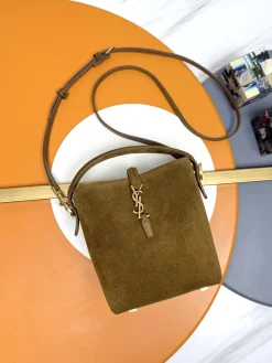 SAINT LAURENT Bucket Bags Suede Leather (Brown-Gold) 15X13X6CM D50202608082374