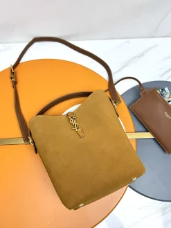 SAINT LAURENT Bucket Bags Suede Leather (Brown-Gold) 26X20X12CM E50202608082378
