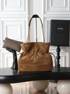 SAINT LAURENT Bucket Bags Suede Leather (Brown-Gold) 35X35X10CM F10202608080890
