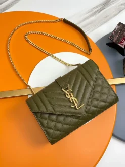 SAINT LAURENT Clutches Bags Caviar Leather (Green-Gold) 21X13X6CM D70202608082004