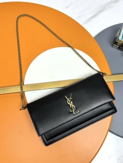 SAINT LAURENT Clutches Bags Leather (Black-Gold) 22X12X2CM E30202608082427