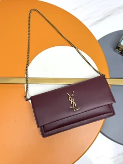 SAINT LAURENT Clutches Bags Leather (Burgundy-Gold) 22X12X2CM E30202608082425