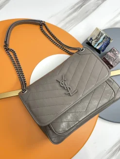 SAINT LAURENT Shoulder Bags Calf Leather (Gray-Silver) 28X21X8CM E20202608082545