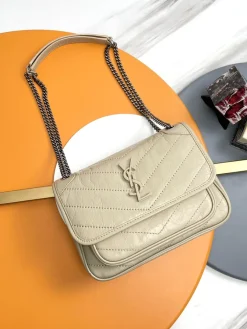 SAINT LAURENT Shoulder Bags Calfskin Leather (Beige-Silver) 22X16X7CM D30202608082533