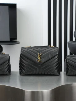 SAINT LAURENT Shoulder Bags Calfskin Leather (Black-Gold) 20X14X7 D00202608080860