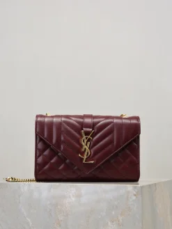 SAINT LAURENT Shoulder Bags Calfskin Leather (Burgundy-Gold) 21X13X6CM E00202608081455