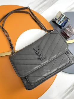 SAINT LAURENT Shoulder Bags Calfskin Leather (Gray-Black) 28X21X8CM E20202608082546