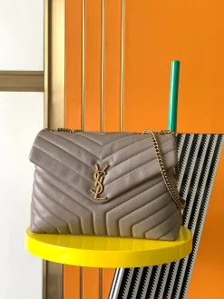 SAINT LAURENT Shoulder Bags Calfskin Leather (Gray-Gold) 31X22X10CM F50202608080330
