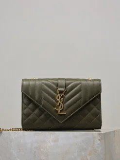 SAINT LAURENT Shoulder Bags Calfskin Leather (Green-Gold) 21X13X6CM E00202608081453