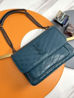 SAINT LAURENT Shoulder Bags Calfskin Leather (Teal-Black) 28X21X8CM E20202608082544