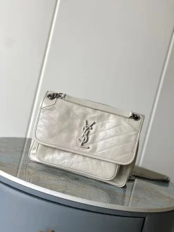 SAINT LAURENT Shoulder Bags Calfskin Leather (White-Silver) 28X20X9CM E70202608082172