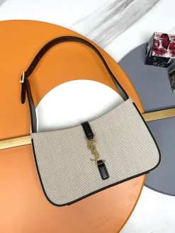 SAINT LAURENT Shoulder Bags Cotton Linen (Beige-Black) 25X14X6CM D30202608082114