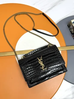 SAINT LAURENT Shoulder Bags Crocodile Embossed Leather (Black-Gold) 19CM D90202608082092