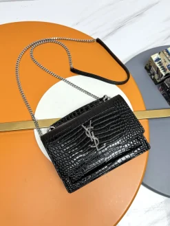SAINT LAURENT Shoulder Bags Crocodile Embossed Leather (Black-Silver) 19CM D70202608082590