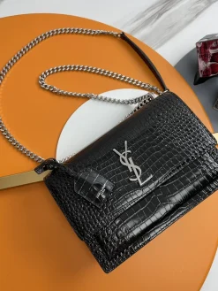 SAINT LAURENT Shoulder Bags Crocodile Embossed Leather (Black-Silver) 22X8X16 E30202608082460