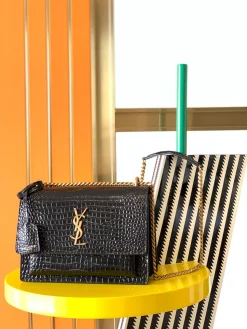 SAINT LAURENT Shoulder Bags Crocodile Leather (Black-Gold) 22X8X16CM E60202608080400