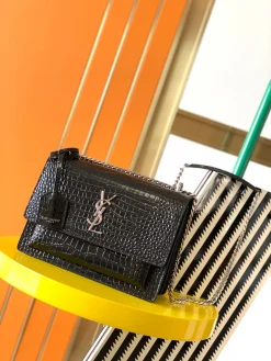 SAINT LAURENT Shoulder Bags Crocodile Leather (Black-Silver) 22X8X16CM E60202608080398